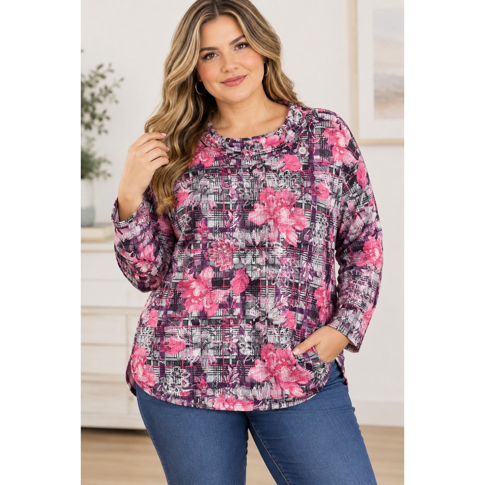 NEW Ruby Rd Woman 3X Fuzzy Gray Floral Plaid Cowl Neck Flannel Tunic Shirt Road